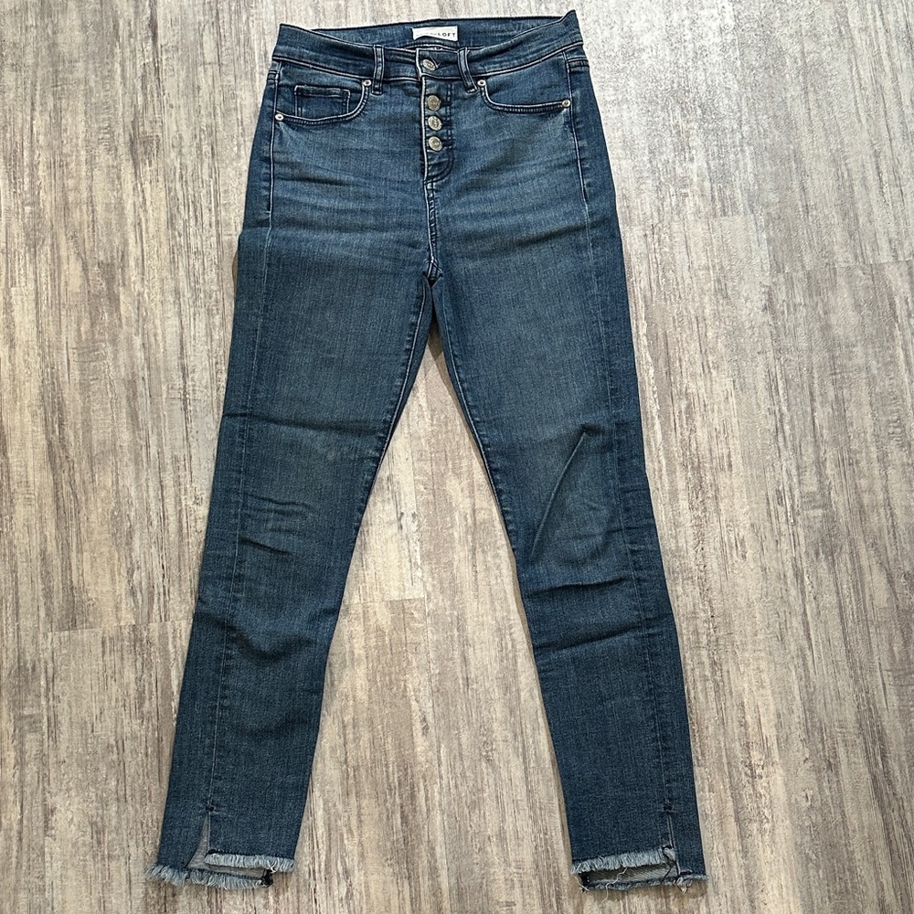 LOFT High Waist Skinny Jeans in Blue with Frayed Hem